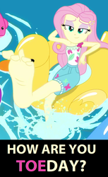 Size: 776x1272 | Tagged: safe, edit, edited screencap, screencap, fluttershy, equestria girls, g4, i'm on a yacht, spoiler:eqg series (season 2), caption, cropped, feet, female, fetish, flutterfeet, foot fetish, foot focus, image macro, pun, solo, text, wiggling toes