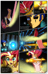 Size: 2331x3600 | Tagged: safe, artist:artemis-polara, flash sentry, sunset shimmer, comic:a battle to save a possessed soul, equestria girls, g4, arm cannon, armor, armpits, aura, beam, bleeding, blocking, blood, breasts, cleavage, clothes, comic, commission, corrupted, danger, dark samus, daydream shimmer, defending, destruction, devastation, dress, electrified, electrocution, energy weapon, explosion, falling, fear, female, fight, forest, guarding, high res, horn, injured, magic, male, metroid, night, pain, phazon, possessed, red eye, scared, serious, serious face, shocked expression, tree, weapon