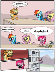 Size: 682x891 | Tagged: safe, applejack, fluttershy, pinkie pie, rainbow dash, earth pony, pegasus, pony, g4, background pony applejack, defenestration, employer meme, exploitable meme, fake moustache, female, mare, meme, ponified meme