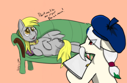 Size: 1125x737 | Tagged: safe, artist:huffylime, derpy hooves, oc, earth pony, pegasus, pony, g4, couch, draw me like one of your french girls, earth pony oc, lying on couch