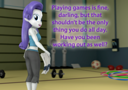 Size: 1514x1073 | Tagged: safe, artist:pika-robo, rarity, equestria girls, g4, 3d, ass, boobs and butt pose, butt, fitness, gym, looking back, purple text, rearity, source filmmaker, talking to viewer, text, towel, wii fit trainer