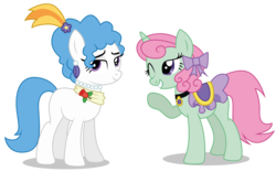 Size: 8200x5117 | Tagged: safe, artist:dragonchaser123, majesty (g4), strawberry lime, earth pony, pony, unicorn, g4, absurd resolution, blank flank, bow, choker, clothes, duo, ear piercing, earring, female, flower, flower in hair, hair bow, jewelry, mare, necklace, piercing, saddle, simple background, skirt, tack, transparent background, vector