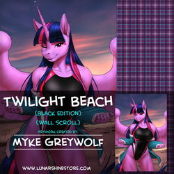 Size: 876x876 | Tagged: safe, artist:mykegreywolf, twilight sparkle, alicorn, anthro, g4, advertisement, clothes, female, high-cut clothing, one-piece swimsuit, solo, swimsuit, twilight sparkle (alicorn), wall scroll