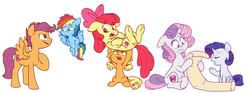 Size: 6034x2233 | Tagged: safe, artist:chub-wub, apple bloom, applejack, rainbow dash, rarity, scootaloo, sweetie belle, pony, g4, growing up is hard to do, age progression, age regression, age swap, chest fluff, cute, cutie mark, cutie mark crusaders, digital art, female, filly, mare, older, older apple bloom, older cmc, older scootaloo, older sweetie belle, role reversal, siblings, simple background, sisters, the cmc's cutie marks, white background