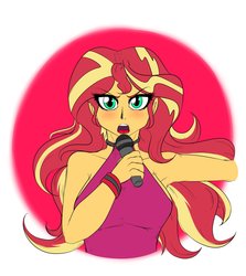 Size: 2500x2800 | Tagged: safe, artist:albertbm, sunset shimmer, equestria girls, g4, my little pony equestria girls: rainbow rocks, abstract background, armpits, breasts, busty sunset shimmer, circle background, cute, female, halter top, high res, looking at you, microphone, open mouth, shimmerbetes, simple background, singing, sleeveless, solo, white background