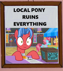 Size: 600x679 | Tagged: safe, edit, edited screencap, editor:secrettitan, screencap, biscuit, culinary art (g4), cup cake, earth pony, pony, g4, growing up is hard to do, balloon, banner, box, chest, hat, local mare ruins everything, male, meme, mr. food, paper, pencil, surprised, table, the simpsons, top hat
