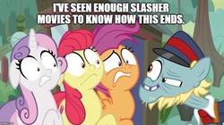 Size: 888x499 | Tagged: safe, edit, edited screencap, screencap, apple bloom, loose tracks, scootaloo, sweetie belle, earth pony, pegasus, pony, unicorn, g4, growing up is hard to do, caption, cutie mark crusaders, female, image macro, male, mare, meme, older, older apple bloom, older scootaloo, older sweetie belle, out of context, scared, stallion, stranger danger, text, this will not end well