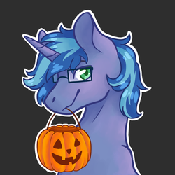 Size: 1650x1650 | Tagged: safe, artist:flaming-trash-can, oc, oc only, pony, unicorn, pumpkin, pumpkin bucket, simple background, solo, ych result