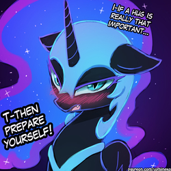 Size: 750x750 | Tagged: safe, artist:lumineko, nightmare moon, alicorn, pony, g4, armor, blushing, cute, dialogue, fangs, female, horn, incoming hug, looking at you, mare, moonabetes, open mouth, solo, tsundere, tsundere moon