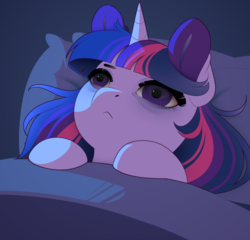 Size: 1000x959 | Tagged: safe, artist:evehly, twilight sparkle, alicorn, pony, :c, bags under eyes, bed, bedsheets, bloodshot eyes, female, frown, in bed, insomnia, mare, pillow, sad, solo, tired, twilight sparkle (alicorn)