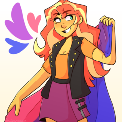 Size: 3000x3000 | Tagged: dead source, safe, artist:wizardstove, sunset shimmer, equestria girls, g4, bisexual pride flag, breasts, cleavage, clothes, female, high res, jacket, leather, leather jacket, simple background, skirt, smiling, solo, sunset shimmer is bisexual, white background