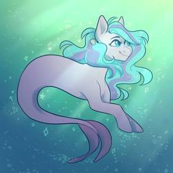 Size: 894x894 | Tagged: safe, artist:snowolive, oc, oc only, oc:swirly shells, merpony, pony, seapony (g4), blank flank, bubble, crepuscular rays, female, fish tail, flowing mane, flowing tail, mare, ocean, seashell, smiling, solo, sunlight, swimming, tail, underwater, water