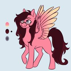 Size: 894x894 | Tagged: safe, artist:snowolive, oc, oc only, oc:ruby, pegasus, pony, blank flank, blue background, chest fluff, colored wings, female, glasses, mare, raised hoof, reference sheet, simple background, smiling, solo, spread wings, wings