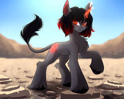 Size: 900x720 | Tagged: safe, artist:airiniblock, oc, oc only, oc:ada, pony, unicorn, cloven hooves, commission, cutie mark, d'lirium, desert, raised hoof, scenery, solo