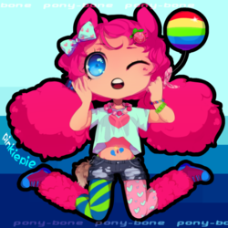 Size: 590x590 | Tagged: safe, artist:ponybone, pinkie pie, human, g4, belly button, bow, bracelet, clothes, converse, cute, cutie mark on human, diapinkes, eared humanization, female, hair bow, hairclip, heart, humanized, jewelry, necklace, one eye closed, rainbow, shoes, shorts, solo, speech bubble