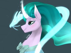 Size: 680x510 | Tagged: safe, artist:siripim111, mistmane, pony, unicorn, g4, bust, clothes, curved horn, female, glowing horn, green eyes, horn, magical dragon, side view, simple background, smiling