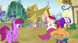 Size: 1920x1080 | Tagged: safe, screencap, berry punch, berryshine, roseluck, scootaloo, earth pony, pony, g4, growing up is hard to do, older, scooter, twilight's castle