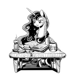 Size: 1181x1178 | Tagged: safe, artist:lexx2dot0, artist:maytee, princess luna, alicorn, pony, g4, book, candle, female, mare, monochrome, mug, reading, simple background, sitting, solo, white background