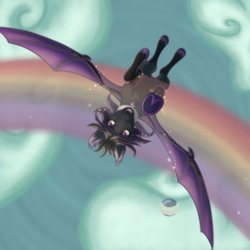 Size: 5000x5000 | Tagged: safe, artist:pearlescent, oc, oc only, oc:blackmour, bat pony, pony, bat pony oc, collar, dyed mane, flying, heart, makeup, male, rainbow, sky, solo, sparkles, stallion