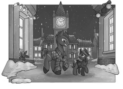 Size: 1100x797 | Tagged: safe, artist:lexx2dot0, artist:maytee, oc, oc only, oc:lumber jack, oc:nyx, alicorn, earth pony, pony, fanfic:winter bells, alicorn oc, clock, clocktower, clothes, duo, female, filly, monochrome, night, snow, snowfall, walking