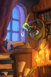 Size: 795x1200 | Tagged: safe, artist:asimos, oc, oc only, pony, unicorn, fanfic:thou goddess, book, bookshelf, candle, quill, scroll, solo, window