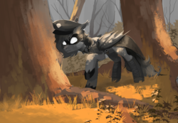 Size: 1736x1200 | Tagged: safe, artist:niehuaisang, oc, oc only, bat pony, pony, bat pony oc, cape, clothes, ear piercing, earring, forest, forest background, hat, jewelry, mask, piercing, solo, thief, tree