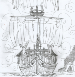 Size: 1601x1629 | Tagged: safe, artist:newman134, equestria girls, g4, boat, drawing, ghost ship, monochrome, no pony, sailing ship, ship, traditional art