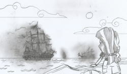 Size: 1796x1040 | Tagged: safe, artist:newman134, sunset shimmer, human, equestria girls, g4, boat, female, fog, ghost ship, monochrome, ocean, solo, traditional art