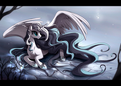 Size: 1268x900 | Tagged: dead source, safe, artist:ruhje, oc, oc only, oc:midwinter eve, alicorn, pony, alicorn oc, ethereal mane, female, ice, letterboxing, mare, prone, snow, solo, spread wings, starry mane, wings