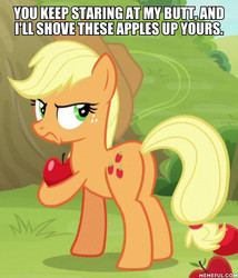 Size: 600x700 | Tagged: safe, edit, edited screencap, screencap, applejack, earth pony, pony, g4, going to seed, apple, butt, caption, cropped, female, food, frown, image macro, implied anal insertion, implied insertion, looking back, mare, memeful.com, plot, solo, text