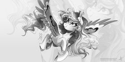 Size: 1600x800 | Tagged: safe, artist:wilvarin-liadon, oc, oc only, butterfly, pegasus, pony, female, flying, mare, monochrome, smiling, solo, zoom layer