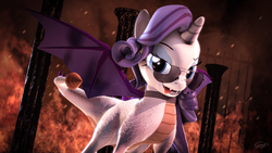 Size: 3840x2160 | Tagged: safe, artist:calveen, rarity, dracony, hybrid, pony, unicorn, g4, 3d, alternate hairstyle, aviator sunglasses, female, fire, gate, glasses, high res, horn, looking at you, open mouth, pillar, raridragon, scales, solo, source filmmaker, species swap, sunglasses, tongue out, wings
