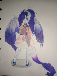 Size: 1560x2080 | Tagged: safe, artist:demonpyoo, rarity, dracony, hybrid, anthro, plantigrade anthro, g4, colored wings, female, gradient wings, raridragon, solo, species swap, traditional art, wings