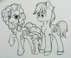 Size: 3326x2720 | Tagged: safe, artist:lightisanasshole, big macintosh, bright mac, pear butter, earth pony, pony, g4, adorkable, blushing, chest fluff, couple, curly hair, curly mane, cute, cutie mark, dork, ear fluff, family, female, filly, fluffy, green eyes, hat, hatless, high res, inktober, inktober 2019, leg fluff, lineart, looking back, looking down, missing accessory, smiling, wholesome