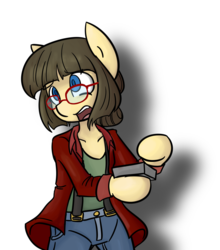 Size: 1300x1478 | Tagged: safe, artist:spheedc, oc, oc only, oc:sphee, earth pony, semi-anthro, arm hooves, bipedal, button, clothes, digital art, female, glasses, jacket, mare, shadow, simple background, solo, suspenders, white background, worried