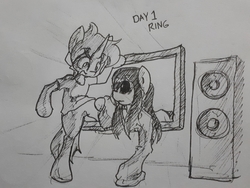 Size: 3456x2592 | Tagged: safe, artist:spheedc, oc, oc:dream chaser, ghost, ghost pony, pony, unicorn, semi-anthro, arm hooves, bipedal, high res, inktober, inktober 2019, male, ponified, speaker, stallion, television, the ring, traditional art