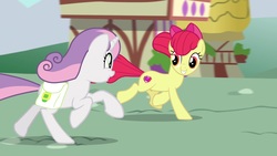 Size: 1920x1080 | Tagged: safe, screencap, apple bloom, sweetie belle, earth pony, pony, g4, growing up is hard to do, cutie mark, older, older apple bloom, older sweetie belle, running, saddle bag, the cmc's cutie marks
