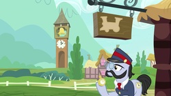 Size: 1920x1080 | Tagged: safe, screencap, all aboard, earth pony, pony, g4, growing up is hard to do, clock tower, male, pocket watch, solo, stallion