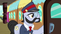 Size: 1920x1080 | Tagged: safe, screencap, all aboard, pony, g4, growing up is hard to do, climb aboard, facial hair, gravy train, male, moustache, solo, train