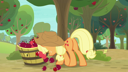 Size: 1280x720 | Tagged: safe, screencap, applejack, earth pony, pony, g4, going to seed, apple, apple tree, butt, eyes closed, female, food, freckles, mare, plot, solo, tree