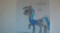 Size: 1280x720 | Tagged: safe, oc, oc only, oc:comet, pony, fallout equestria, fallout equestria: project horizons, detrot, fanfic art, pipbuck, solo, stable 23, stable-tec, traditional art