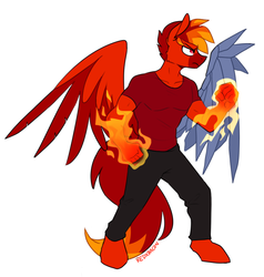 Size: 777x817 | Tagged: safe, artist:redxbacon, oc, oc only, oc:burning inferno, pegasus, anthro, plantigrade anthro, amputee, artificial wings, augmented, commission, fire, male, pegasus oc, prosthetic limb, prosthetic wing, prosthetics, pyromancer, pyromancy, solo, wings