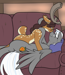 Size: 2559x2962 | Tagged: safe, artist:cantershirecommons, oc, oc only, oc:apricot, oc:vaelin, deer, pegasus, pony, cuddling, furniture, gay, high res, male, stallion