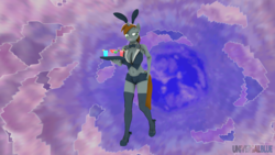 Size: 1920x1080 | Tagged: safe, artist:universalblue, oc, oc only, oc:littlepip, unicorn, anthro, plantigrade anthro, fallout equestria, 3d, abstract background, alcohol, belly button, big breasts, bowtie, breasts, bunny ears, bunny suit, busty littlepip, clothes, drink, female, freckles, high heels, lipstick, midriff, pantyhose, shoes, source filmmaker, tray, waitress