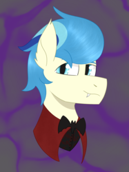 Size: 1423x1900 | Tagged: safe, artist:dyonys, oc, oc:chatty pie, pony, abstract background, bust, clothes, costume, ear fluff, fangs, male, nightmare night, stallion