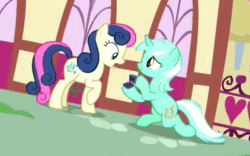Size: 400x250 | Tagged: safe, screencap, blues, bon bon, lyra heartstrings, noteworthy, sweetie drops, earth pony, pony, unicorn, g4, season 9, the big mac question, animated, background characters doing background things, background pony, blink and you'll miss it, cropped, female, gif, it finally happened, it happened, lesbian, male, marriage proposal, raised hoof, ship:lyrabon, shipping, stallion, will you marry me