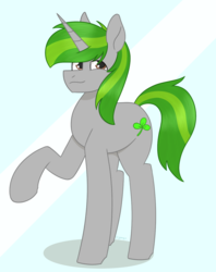 Size: 1120x1413 | Tagged: safe, artist:dyonys, oc, oc:clover, pony, unicorn, abstract background, art trade, male, raised hoof, stallion, standing