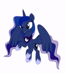 Size: 600x660 | Tagged: safe, artist:yudhaikeledai, princess luna, alicorn, pony, g4, animated, cute, feathered wings, female, flapping, flying, gif, happy, hoof shoes, lunabetes, mare, simple background, smiling, solo, white background, wings