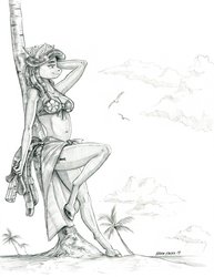 Size: 1000x1294 | Tagged: safe, artist:baron engel, tree hugger, bird, earth pony, anthro, unguligrade anthro, g4, beach, bikini, bottle, breasts, clothes, colored hooves, female, grayscale, monochrome, palm tree, pencil drawing, solo, stupid sexy tree hugger, swimsuit, traditional art, tree