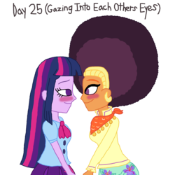 Size: 2000x2000 | Tagged: safe, artist:bigpurplemuppet99, saffron masala, twilight sparkle, equestria girls, g4, afro, blushing, female, high res, lesbian, looking at each other, shipping, twiffron